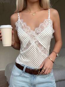 Sommer sexy Spitze Patchwork Satin Design Trägerhemd, lässig locker geschnittenes ärmelloses Top zum Überziehen in Weiß - Weiss - Übersicht 1