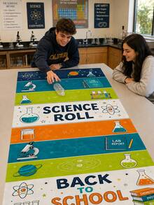 1pc STEM Education Science Theme Table Runner, Fun Polyester Rectangular Lab Party Tabletop Decor, Suitable For Classroom Parties, Adult Group Games, Couple Interaction, Boys & Girls Activities And Team Building Supplies - Multicolor 1 - View 6