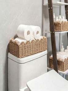 1pc Woven Storage Basket, Fan-Shaped Edge Design, Handheld Storage Basket, Suitable For Toilet Tank Top Shelf, Bathroom, Living Room, Bedroom, Vanity, Home Decor, Bathroom Accessories, Desktop Organization & Storage, Halloween Gift Basket - 彩色 - 查看 12