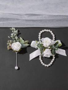 1pc/2Pcs White Frosted Greenery Rose Boutonniere & Pearl Beaded Wrist Corsage Set, Wedding Groomsman Bridesmaid Formal Prom Suit Accessories - Multicolor - View 3