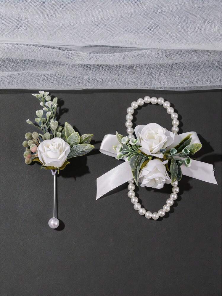 1件/2件組 白色磨砂綠意玫瑰胸花與珍珠串珠手腕花束套組，婚禮伴郎伴娘正式舞會西裝配件 - 彩色 - 查看 3