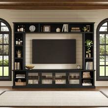 Entertainment Center Wall Unit For TVs Up To 80" All-In-One Modern TV Stand With Bookshelves And Tempered Glass Doors TV Console Unit With Shelving For Living Room Entertainment - 黑色 + MDF1 - 查看 1