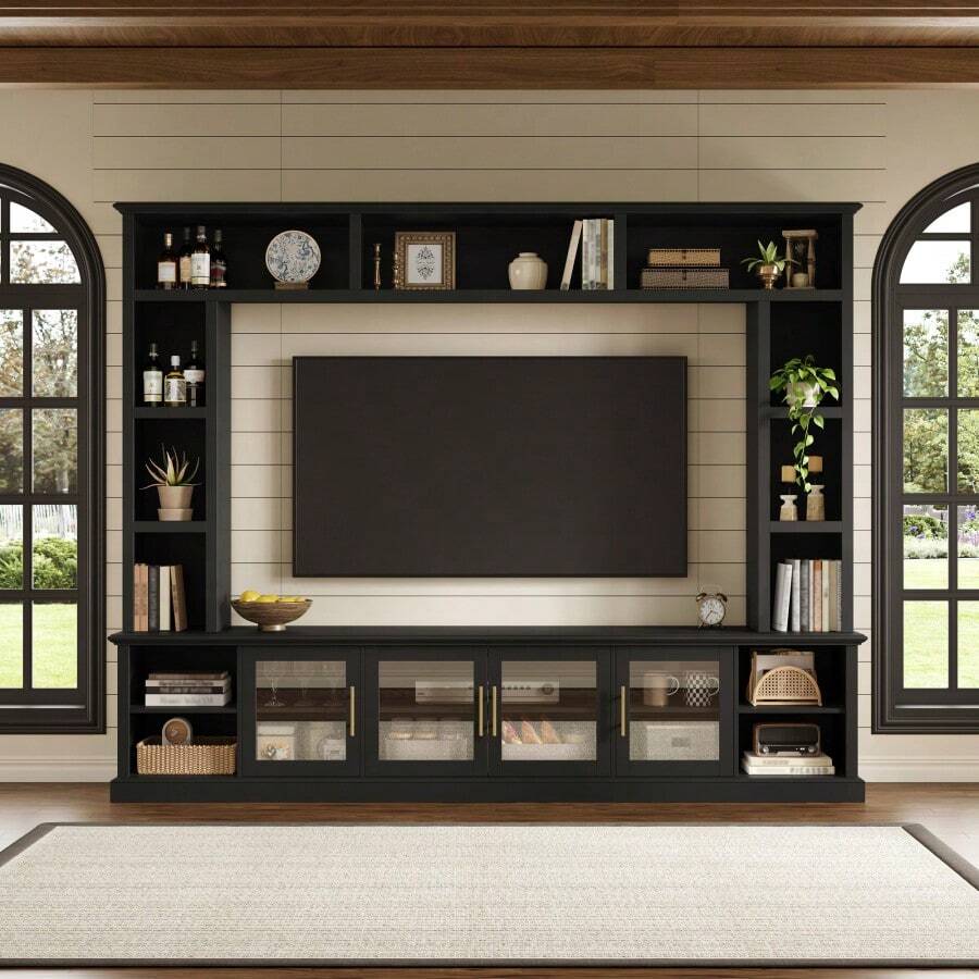 Entertainment Center Wall Unit For TVs Up To 80" All-In-One Modern TV Stand With Bookshelves And Tempered Glass Doors TV Console Unit With Shelving For Living Room Entertainment - 黑色 + MDF1 - 查看 1