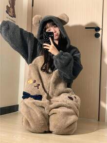 一件装女士毛绒连帽拉链睡衣，可爱棕熊图案，舒适保暖，时尚宽松连体睡袍，休闲公主风家居服，母亲节礼物，送给女朋友的礼物 - 彩色 - 查看 14
