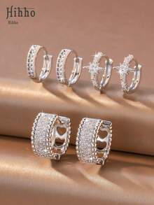 Hihho 6 Stücke/Set Zirkonia Stein Ohrringe Set, Blumen- & Herz-Designs, süßer & lebendiger Stil, beinhaltet Kleeblatt, Cut Out Pavé, minimalistischer Creolen und Kleeblatt Anhänger Stile, dichte Zirkonia Einbettung mit glänzender Oberfläche, geeignet für den täglichen Gebrauch, den Arbeitsweg und leichte gesellige Anlässe - Silber - Übersicht 5