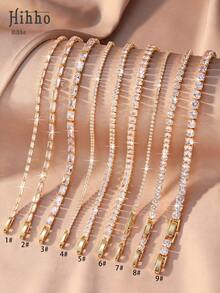 Hihho 3pcs/Set Gold-Plated & Cubic Zirconia Tennis Bracelet, With Adjustable Extension Chain, Multi-Layered Shapes Available, Versatile Accessory For Women's Daily Wear - Multicolor - View 2