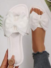 Women's Shoes For Vacation Wedding Summer Slides Sandals Bow Dress Flats Sandals Cute Round Open Toe Dressy Slippers Date Elegant Chic - White - View 3