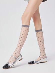 Polka Dot Floral High-Top Sheer Stockings, JK Style, Preppy Look, Perfect For Back-To-School Outfits. - Multicolor - View 4