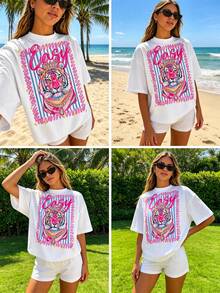 Preppy Style Tiger Print T-Shirt, Casual Crew Neck T-Shirt, Women's Summer Clothes, Y2k Clothing, Streetwear, Women's Summer Outfits - 白色 2 - 查看 5