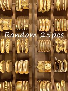 25/20/13/7/5pcs Fashionable Minimalist Elegant Exquisite Vintage Design Multi-Layer Stackable Old Money Style Geometric Ribbon Wave Leopard Print Flower Knot Heart Face Embossed Texture Hammered Water Drop Smooth Minimalist Plain Metal Exaggerated Wide Chunky Bangle Set For Holiday Vacation Party Date Gift Daily Commute Wear (Randomly Shipped) - Yellow Gold - View 7