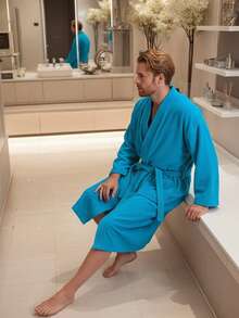 BATA DE BAÑO UNISEX AMPLIA Y LARGA EXCELENTE ABSORCIÓN TELA MICROTOALLA (ALGODÓN CON MICROFIBRA) - Azul turquesa - Ver 9