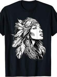 Camiseta con estampado de tocado de plumas de chica tribu, estilo unisex, manga corta, verano 2026 - Negro - Ver 1