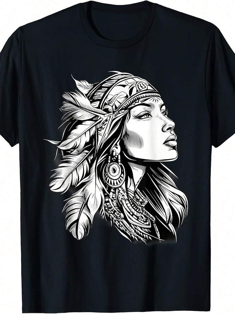 Camiseta con estampado de tocado de plumas de chica tribu, estilo unisex, manga corta, verano 2026 - Negro - Ver 1