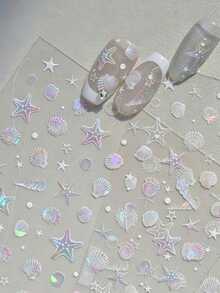 12pcs Ocean Style Gold Foil Nail Art Stickers, Starfish Shell Coconut Tree Summer Gold Foil Adhesive Nail Decals - 彩色 - 查看 4