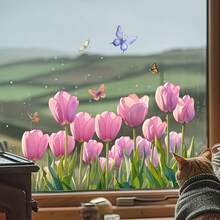 1/3/5pcs Watercolor Pink Tulip Butterfly Wall Window Decal, Self-Adhesive Removable Waterproof Vinyl Sticker For Living Room Bedroom Bathroom Baseboard Glass Door Window. Easy Peel And Stick DIY Wall Art For Home Decor. - Multicolor - View 8