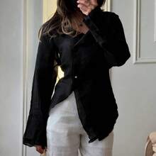 Women's Long-Sleeved T-Shirt With V-Neck, Tie And Asymmetrical Cut, Versatile And Casual, 2026 Collection - 黑色 - 查看 1
