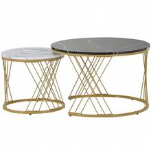 (WF300416AAA) Set Of 2 Modern Nesting Coffee Tables, Marble Veneer, Nesting Style, Round, With Gold Frame. - Black - View 9