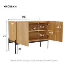Aparador de dos puertas con patas metálicas, cómoda de diseño lineal, dimensiones: Alto 75 cm / Ancho 100 cm / Profundidad 40 cm - Color natural - Ver 6