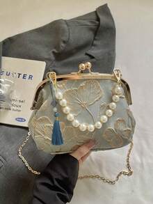 Elegant Women's Handbag With Beaded Embroidery And Fringe, Floral Print, Clutch, Suitable For Evening Party, Wedding, Banquet, Mother's Day Gift, Bridesmaid, Saint - 藍色 - 查看 3