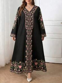 Vestido maxi de manga larga con cuello en V, estampado, holgado y de talla grande, adecuado para todas las estaciones, elegante para la primavera en color negro - Negro - Ver 2