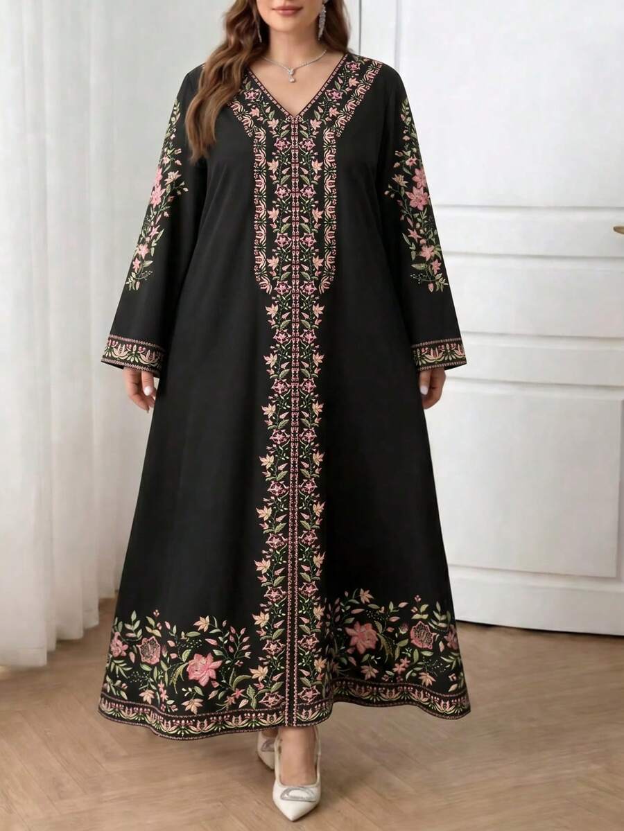 Vestido maxi de manga larga con cuello en V, estampado, holgado y de talla grande, adecuado para todas las estaciones, elegante para la primavera en color negro