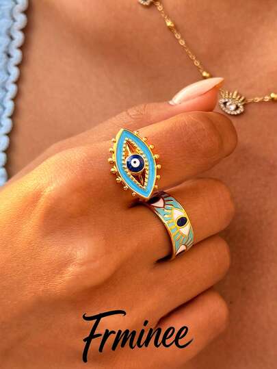 Frminee 2pcs/1pc Women's Evil Eye 18K Gold Plated Stainless Steel Ring, Enamel Handmade, Suitable For Daily Wear, Vacation Outfit, Holiday Gift
