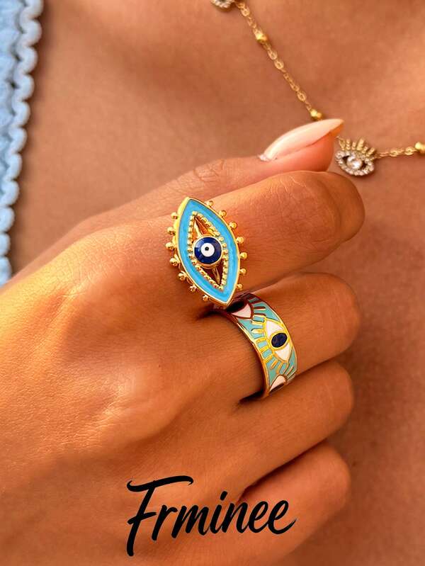 Frminee 2 Stücke/1 Stück Damen Böser Blick 18K vergoldeter Edelstahl Ring, emailliert handgefertigt, geeignet für den täglichen Gebrauch, Urlaubsoutfit, Feiertagsgeschenk
