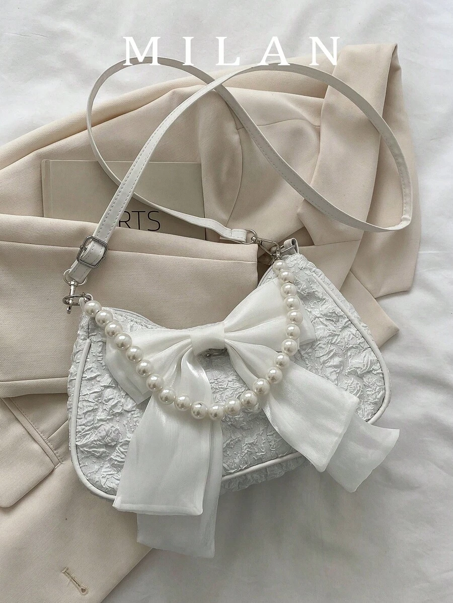 Bolso de mano con cadena de perlas de moda, bolso de hombro - Beis - Ver 1
