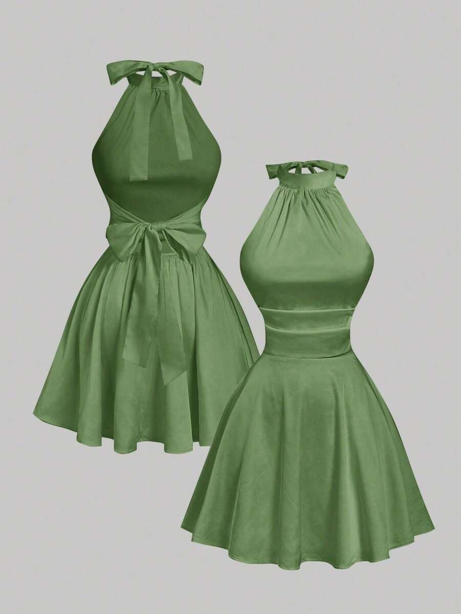 MOD Vestido mini con espalda descubierta, retorcido y fruncido en unicolor para mujer, vestidos de otoño para mujer, vestido, vestido, Acción de Gracias, vestidos elegantes para fiesta - Verde - Ver 1