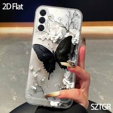Funda para teléfono - Transsion Redmi    HONOR 2D, diseño de mariposa negra y flor blanca, estilo minimalista y estético elegante, para  Galaxy S22 23 S24 S25 A13 A14 A15 A16 A36 A52 A17 A33 A34 A53 A54. Regalo de vacaciones, regalo perfecto, regalo para amantes, regalo de cumpleaños, regalo para ella. - transparente - Ver 5