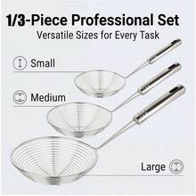 Set Saringan Jaring Stainless Steel, 1/3 buah Peralatan Dapur, Cocok untuk Menggoreng, Meniriskan, dan Menyaring, Keranjang Kawat Baja Halus dengan Pegangan Tahan Panas, Ideal untuk Mie, Pasta, Makanan Goreng, dan Sup, Alat Tahan Lama yang Penting untuk Koki Rumahan - Perak - View 1