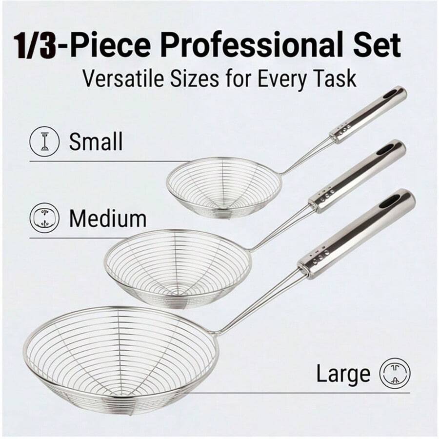 Set Saringan Jaring Stainless Steel, 1/3 buah Peralatan Dapur, Cocok untuk Menggoreng, Meniriskan, dan Menyaring, Keranjang Kawat Baja Halus dengan Pegangan Tahan Panas, Ideal untuk Mie, Pasta, Makanan Goreng, dan Sup, Alat Tahan Lama yang Penting untuk Koki Rumahan - Perak - View 1