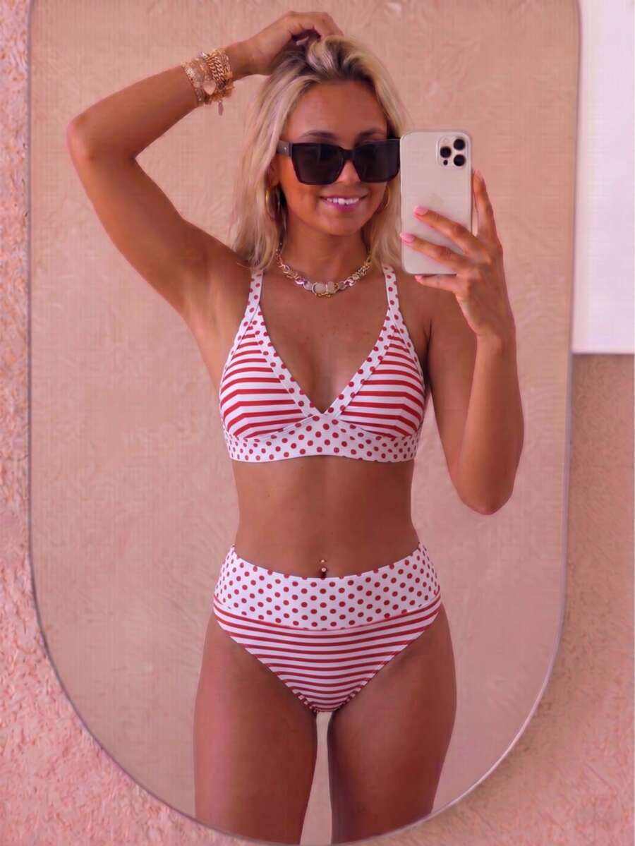August vacation 夏季優雅女款時尚棕色波點與條紋印花綁帶設計性感比基尼兩件式泳衣 - 紅+白 - 查看 1