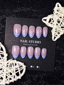 10pcs Summer Handmade Press-On Nails, Short Almond Shape, Nude Pink Base With Milky Blue Polka Dot French Tips, Fresh & Gentle Style, Versatile Design, Includes Nail Tool Kit, Quick Application And Removal - Lilac Purple - View 2