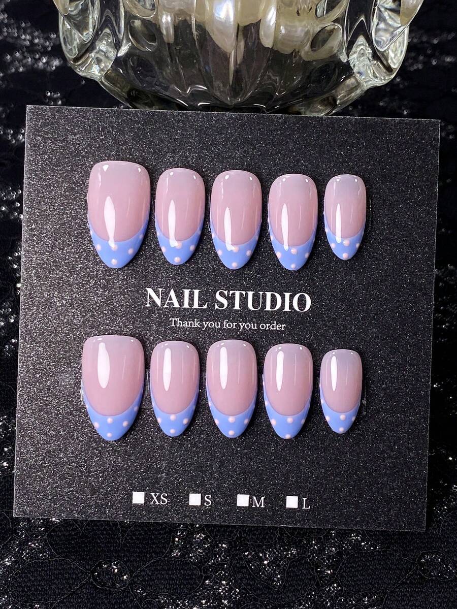 10pcs Summer Handmade Press-On Nails, Short Almond Shape, Nude Pink Base With Milky Blue Polka Dot French Tips, Fresh & Gentle Style, Versatile Design, Includes Nail Tool Kit, Quick Application And Removal - Lilac Purple - View 1