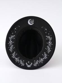 1顶男女通用毛毡牛仔/女牛仔帽，搭配时尚的月亮和星星字母印花水滴形帽檐巴拿马帽，舒适的爵士帽，奢华英伦风帽子 - 黑色 - 查看 7