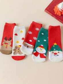 5 Pasang Kaos Kaki Anak Perempuan, Hijau, Putih, Merah, Cokelat, Kuning, Blok Warna, Kartun Rusa, Manusia Salju, Beruang, Pohon Natal, Bintang, Pola Kepingan Salju, Musim Gugur/Musim Dingin, Lembut & Hangat, Tebal, Gaya Sederhana, Lucu, Modis, Serbaguna, Cocok Untuk Pemakaian Sehari-hari - MultiWarna - View 4