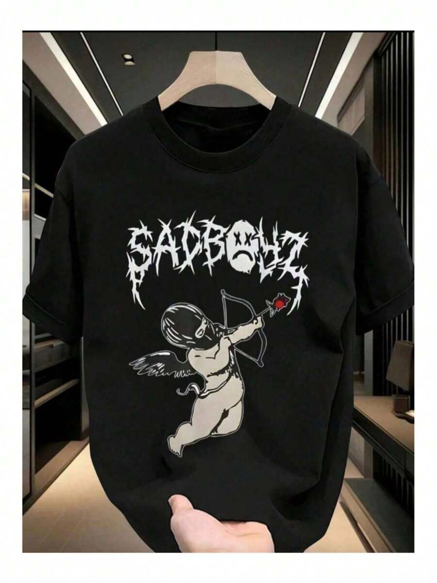 Playera casual hombre Camisetas con Estampados de Ángeles Tristes, Camisetas de Talla Hombre, Camisetas de Moda Casual de Manga Corta Verano, Ropa Deportiva Exteriores, Ropa de Oc - Negro - Ver 1