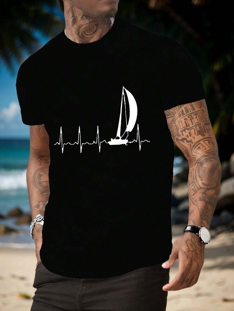 Camiseta de Manga Corta para Hombre Sailing Ekg - Top de Verano - Negro - Ver 1