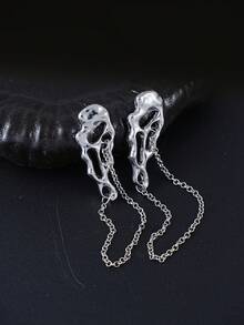 1 Par de Brincos Punk Esculturais Geométricos, Assimétricos, Vazados, com Textura Fundida, Corrente Longa e Borlas Pendentes, Brincos de Botão, Joias de Arte Moderna Statement para Mulher - Prata - Ver 3