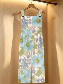 Watercolor Style Large Flower Print Women's Adjustable Strap Overalls Regular Women's Clothing, Women's Jumpsuits & Rompers, Women's Jumpsuit - 彩色 - 查看 3