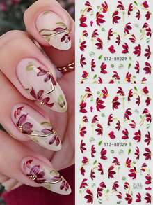 FULL BEAUTY 2pcs Burgundy Flower Vines Leaf Nail Art Stickers Red Elegant Watercolor Floral Petal With Gold Line Spring Summer Nail Decals Wedding Nail Supplies Nail Charms Decorations - Multicolor - View 10