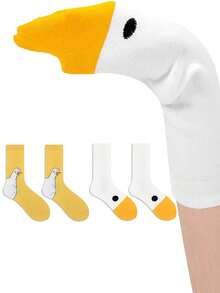 2 Pairs Women's Goose Head Pattern Socks, Hip-Hop Personalized Creative Fun Socks, Cartoon Cute Duck Mid-Calf Socks, Hand Wash Only, All-Season Fun Animal Pattern Party Socks - Multicolor - View 3