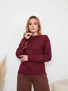 Women's Cold Weather Sweater Knit Autumn Winter Long Sleeve Square Knit Elegant Simple Casual Wool-Type Fabric Textured Knit Evening Holiday Office Street Travel Autumn/Winter - 酒紅色 - 查看 2