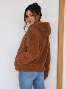 Women's Jacket With Zipper And Hood, Faux Fur Coat - 駝色 - 查看 4