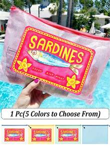 Bolsa de playa de malla impermeable multicolor de moda con estampado colorido "SARDINGS", estampado de patrón de sardinas, bolsa de maquillaje transparente de gran capacidad, bolsa de maquillaje con cremallera de nailon, ligera, puede almacenar protector solar, aperitivos, bikini y artículos esenciales de playa. Almacenamiento de primavera/verano, duradera, perfecta para nadar, regalo de vuelta al colegio - Multicolor - Ver 2