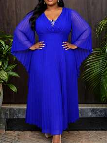 AOMEI Elegant Noble Royal Blue Chiffon Pleated Long Dress V-Neck Beaded Decor Long Batwing Sleeve Waist Belt Luxurious Evening Wedding Guest Party Gown - Blue - View 11