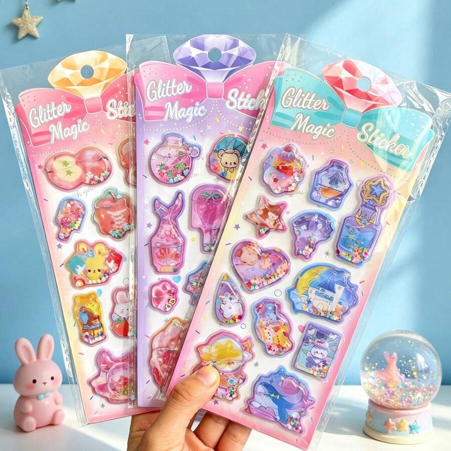 Dreamy Glitter Shaker Stickers, Cartoon 3D Crystal Decals, Scrapbook Decoration Stickers - 彩色 - 查看 1