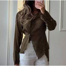 Women's Long-Sleeved T-Shirt With V-Neck, Tie And Asymmetrical Cut, Versatile And Casual, 2026 Collection - 紅色 - 查看 4