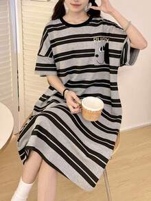 女士睡衣套装，短袖条纹睡裙，卡通狗狗图案口袋装饰，适合户外穿着，春夏款 - 灰色 - 查看 1